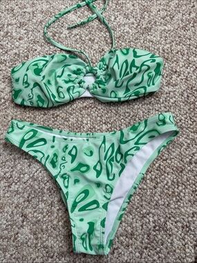 Source Unknown Green Patterned Bandeau Bikini Set